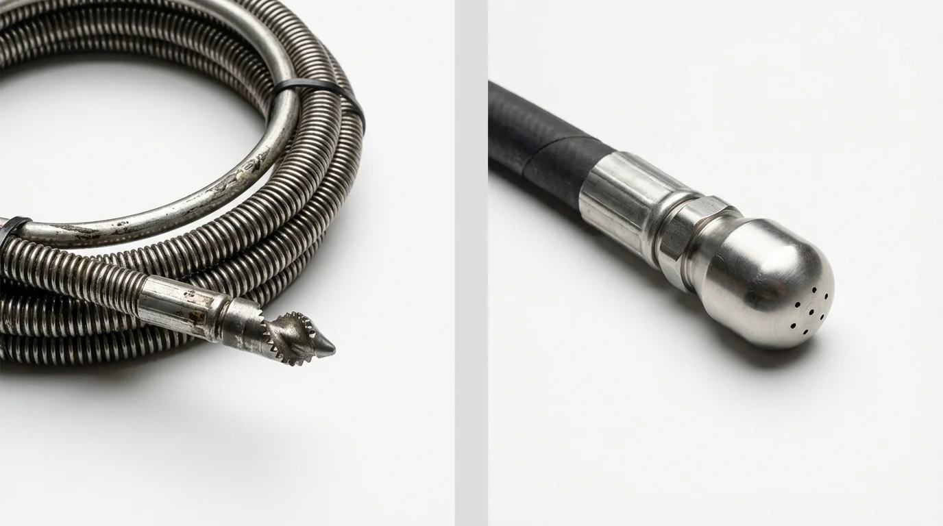 Drain snake cable and hydro jetting nozzle used for drain cleaning in Edwards, MS